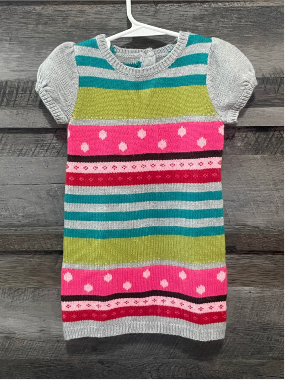 Crazy 8 Size 2T Striped Short Sleeve Knit Sweater Dress Green Pink Puff Sleeves